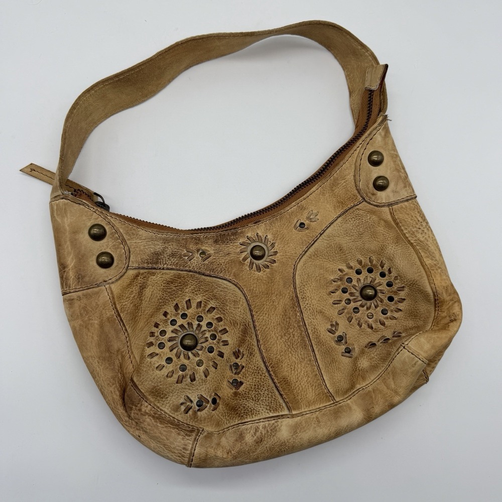 Silence + Noise Genuine Leather Tan Hobo Shoulder Bag Floral Studded Boho Purse